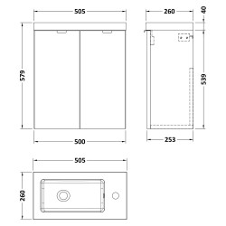 Fusion 500mm Wall Hung Slimline 2 Door Vanity Unit with Basin - Gloss White - Technical Drawing
