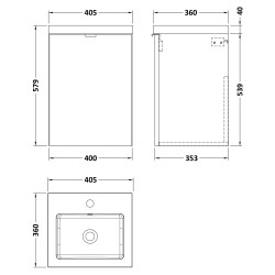 Fusion 400mm Wall Hung 1 Door Vanity Unit with Basin - Gloss White - Technical Drawing