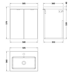 Fusion 500mm Wall Hung 2 Door Vanity Unit with Basin - Gloss White - Technical Drawing