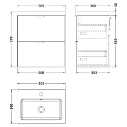 Fusion 500mm Wall Hung 2 Drawer Vanity Unit with Basin - Gloss White - Technical Drawing