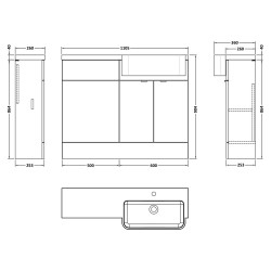 Fusion 1100mm Combination Unit & Right Hand Semi Recessed Basin - Gloss White - Technical Drawing