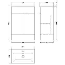 Fusion 600mm Vanity Unit With Ceramic Basin - Bleached Oak - Technical Drawing