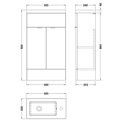 Fusion Slimline 500mm Vanity Unit With Polymarble Basin - Bleached Oak - Technical Drawing