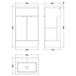Fusion 500mm Vanity Unit With Polymarble Basin - Bleached Oak - Technical Drawing