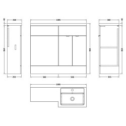 Fusion 1000mm Right Hand Combination - Bleached Oak - Technical Drawing