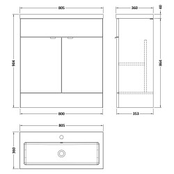 Fusion 800mm Vanity Unit With Polymarble Basin - Bleached Oak - Technical Drawing