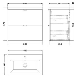 Fusion 600mm Wall Hung 2 Drawer Unit With Ceramic Basin - Bleached Oak - Technical Drawing