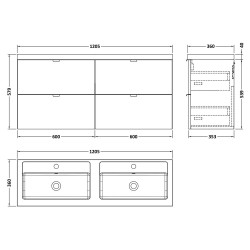 Fusion 1200mm Wall Hung 4 Drawer Vanity With Polymarble Double Basin - Bleached Oak - Technical Drawing