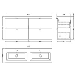 Fusion 1200mm Wall Hung 4 Drawer Vanity With Ceramic Basin - Bleached Oak - Technical Drawing