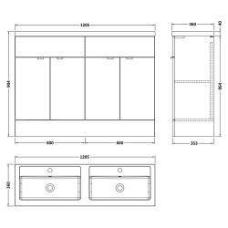 Fusion 1200mm Floor Standing 4 Door Vanity & Double Basin - Bleached Oak - Technical Drawing