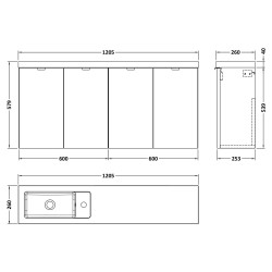Fusion 1200mm Wall Hung 4 Door Vanity & Slimline Basin - Bleached Oak - Technical Drawing