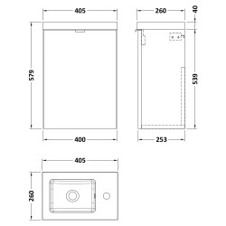 Fusion 400mm 1 Door Wall Hung Unit With Polymarble Basin - Bleached Oak - Technical Drawing
