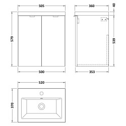 Fusion 500mm 2 Door Wall Hung Unit With Ceramic Basin - Bleached Oak - Technical Drawing