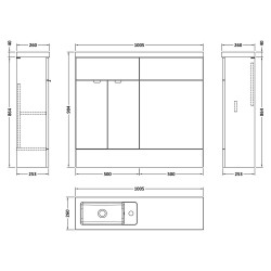 Fusion Slimline 1000mm Combination Vanity & WC - Bleached Oak - Technical Drawing