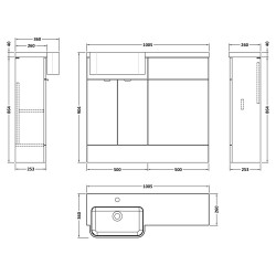 Fusion 1000mm Combination Unit & Left Hand Semi Recessed Basin - Bleached Oak - Technical Drawing