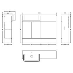Fusion 1100mm Combination Unit & Left Hand Semi Recessed Basin - Bleached Oak - Technical Drawing