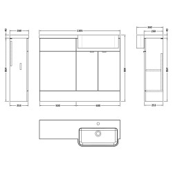 Fusion 1100mm Combination Unit & Right Hand Semi Recessed Basin - Bleached Oak - Technical Drawing