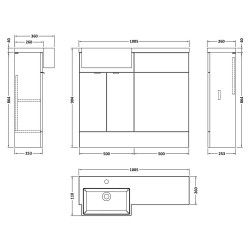 Fusion 1000mm Combination Unit & Left Hand Semi Recessed Basin - Bleached Oak - Technical Drawing