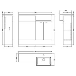 Fusion 1000mm Combination Unit & Right Hand Semi Recessed Basin - Bleached Oak - Technical Drawing