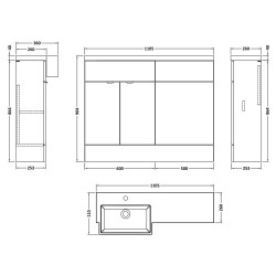 Fusion 1100mm Combination Unit & Left Hand Semi Recessed Basin - Bleached Oak - Technical Drawing