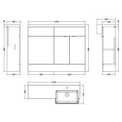 Fusion 1100mm Combination Unit & Right Hand Semi Recessed Basin - Bleached Oak - Technical Drawing