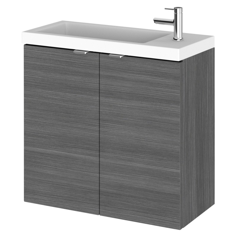 Fusion 600mm Wall Hung Slimline 2 Door Vanity Unit and Basin with 1 Side Tap Hole - Anthracite Woodgrain Fusion 600mm Wall Hung Slimline 2 Door Vanity Unit and Basin with 1 Side Tap Hole - Anthracite Woodgrain