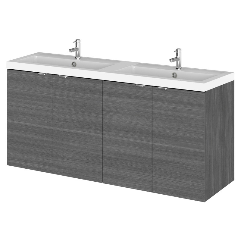 Fusion 1200mm Wall Hung 4 Door Vanity Unit with Double Basin - Anthracite Woodgrain Fusion 1200mm Wall Hung 4 Door Vanity Unit with Double Basin - Anthracite Woodgrain