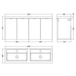 Fusion 1200mm Wall Hung 4 Door Vanity Unit with Double Basin - Anthracite Woodgrain - Technical Drawing