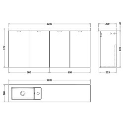 Fusion 1200mm Slimline 4 Door Vanity Unit with Double Basin - Anthracite Woodgrain - Technical Drawing