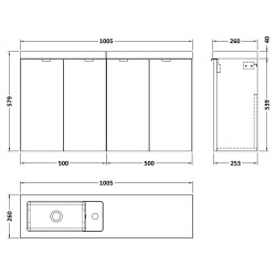 Fusion 1000mm Wall Hung Slimline 4 Door Vanity Unit with Basin - Anthracite Woodgrain - Technical Drawing