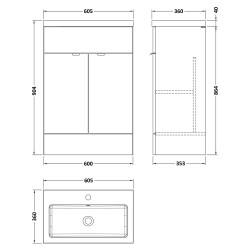 Fusion 600mm Vanity Unit with Basin - Charcoal Black Woodgrain - Technical Drawing