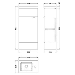 Fusion 400mm Slimline Vanity Unit with Basin - Charcoal Black Woodgrain - Technical Drawing
