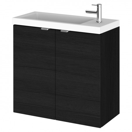 Fusion 600mm Wall Hung Slimline 2 Door Vanity Unit and Basin with 1 Side Tap Hole - Charcoal Black Woodgrain