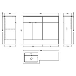 Fusion 1100mm Combination Vanity & Toilet Unit with Left Hand Basin - Gloss Grey - Technical Drawing