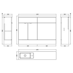 Fusion 1200mm Slimline Combination Vanity & Toilet Unit with Left Hand Basin - Gloss Grey - Technical Drawing