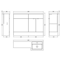 Fusion 1200mm Combination Vanity & Toilet Unit with Right Hand Basin - Gloss Grey - Technical Drawing