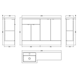 Fusion 1200mm Combination Vanity & Toilet Unit with Left Hand Basin - Gloss Grey - Technical Drawing