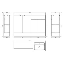 Fusion 1200mm Combination Vanity & Toilet Unit with Right Hand Basin - Gloss Grey - Technical Drawing