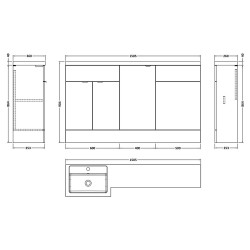 Fusion 1500mm Combination Vanity, Toilet and Storage Unit with Left Hand Basin - Gloss Grey - Technical Drawing
