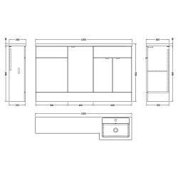 Fusion 1500mm Combination Vanity, Toilet and Storage Unit with Right Hand Basin - Gloss Grey - Technical Drawing