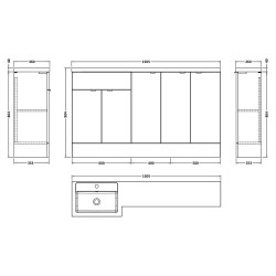 Fusion 1500mm Combination Vanity, Toilet and Storage Unit with Left Hand Basin - Gloss Grey - Technical Drawing