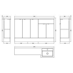 Fusion 1500mm Combination Vanity, Toilet and Storage Unit with Right Hand Basin - Gloss Grey - Technical Drawing
