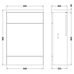 Fusion 600mm Slimline Toilet Unit with Polymarble Top - Gloss Grey - Technical Drawing