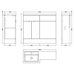 Fusion 1000mm Combination Vanity & Toilet Unit with Left Hand Basin - Gloss Grey - Technical Drawing
