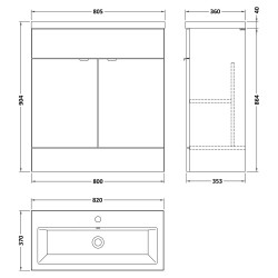 Fusion 800mm Vanity Unit & Ceramic Basin - Gloss Grey - Technical Drawing