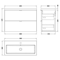 Fusion 800mm Wall Hung 2 Drawer Vanity Unit with Basin - Gloss Grey - Technical Drawing