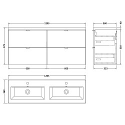 Fusion 1200mm Vanity Unit & Double Ceramic Basin - Gloss Grey - Technical Drawing