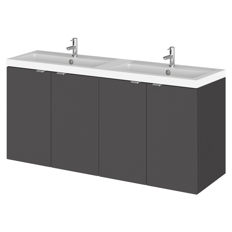 Fusion 1200mm Wall Hung 4 Door Vanity Unit with Double Basin - Gloss Grey Fusion 1200mm Wall Hung 4 Door Vanity Unit with Double Basin - Gloss Grey