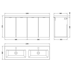 Fusion 1200mm Vanity Unit & Double Ceramic Basin - Gloss Grey - Technical Drawing