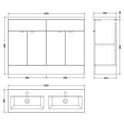 Fusion 1200mm Vanity Unit & Double Ceramic Basin - Gloss Grey - Technical Drawing